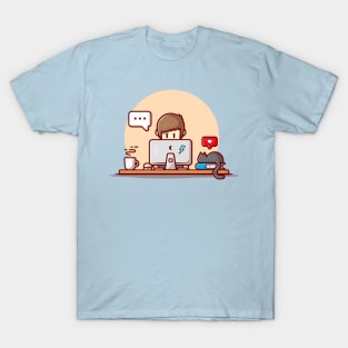 Male Working On Laptop Cartoon Vector Icon Illustration T-Shirt